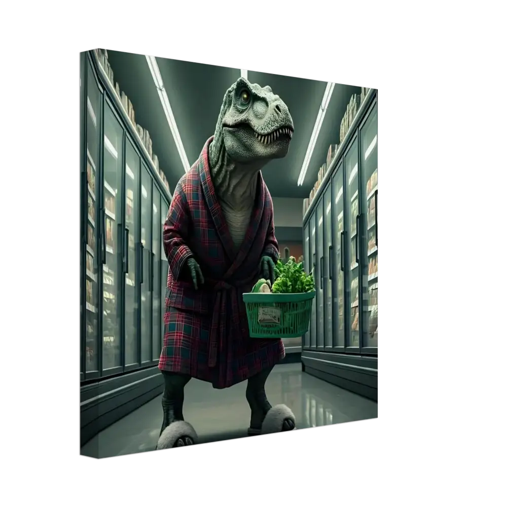 Dinosaur in robe shopping at night for groceries in a humorous Canvas Wall Art image