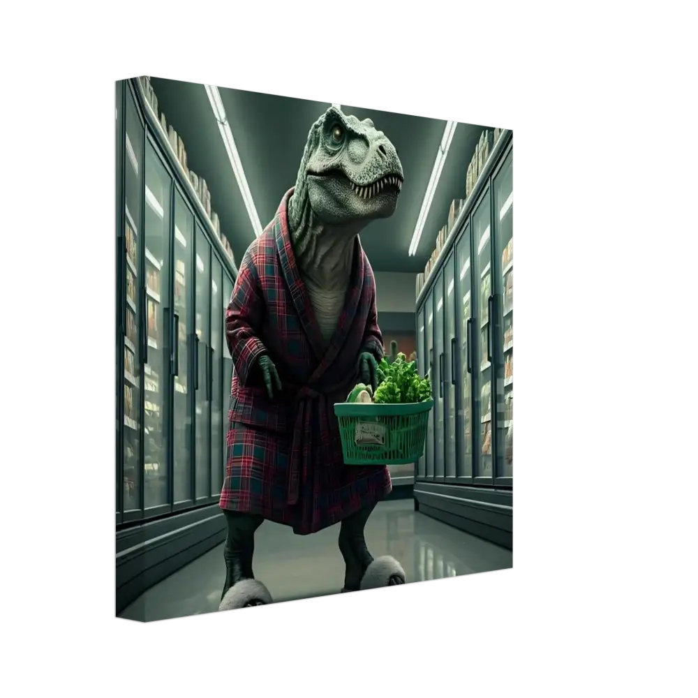 Dinosaur in robe holding shopping basket for Late-Night Grocery Rex Canvas Wall Art