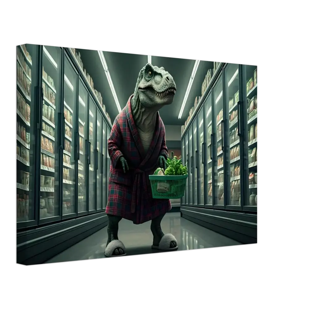 Dinosaur in robe shopping portrayed in Late-Night Grocery Rex Canvas Wall Art
