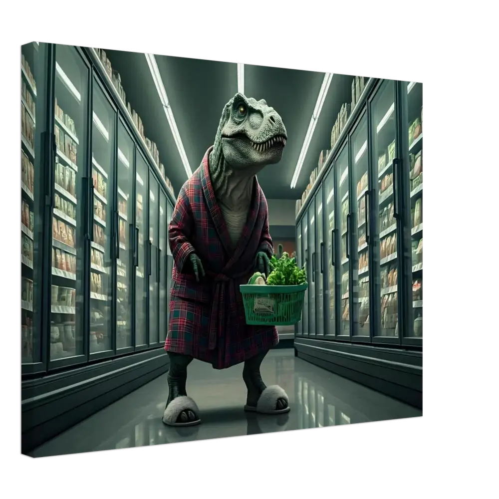 Dinosaur in robe shopping for greens in a grocery store wall art print