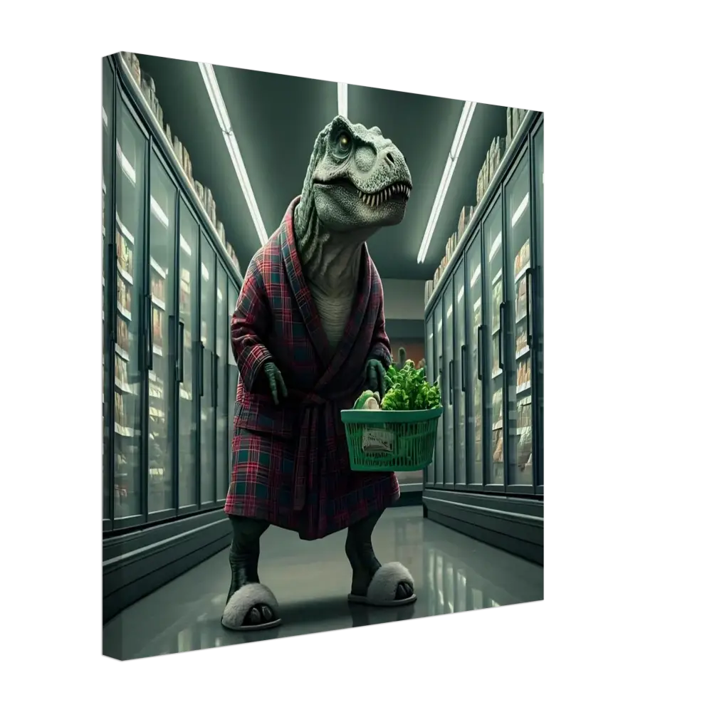 Dinosaur in robe shopping for groceries in a humorous canvas wall art print