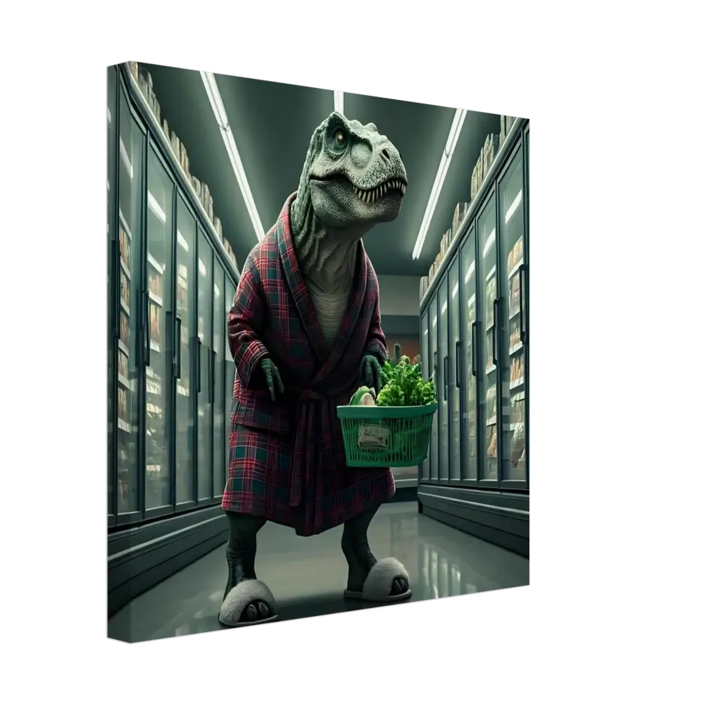 Dinosaur in robe shopping for groceries on canvas wall art titled Late-Night Grocery Rex