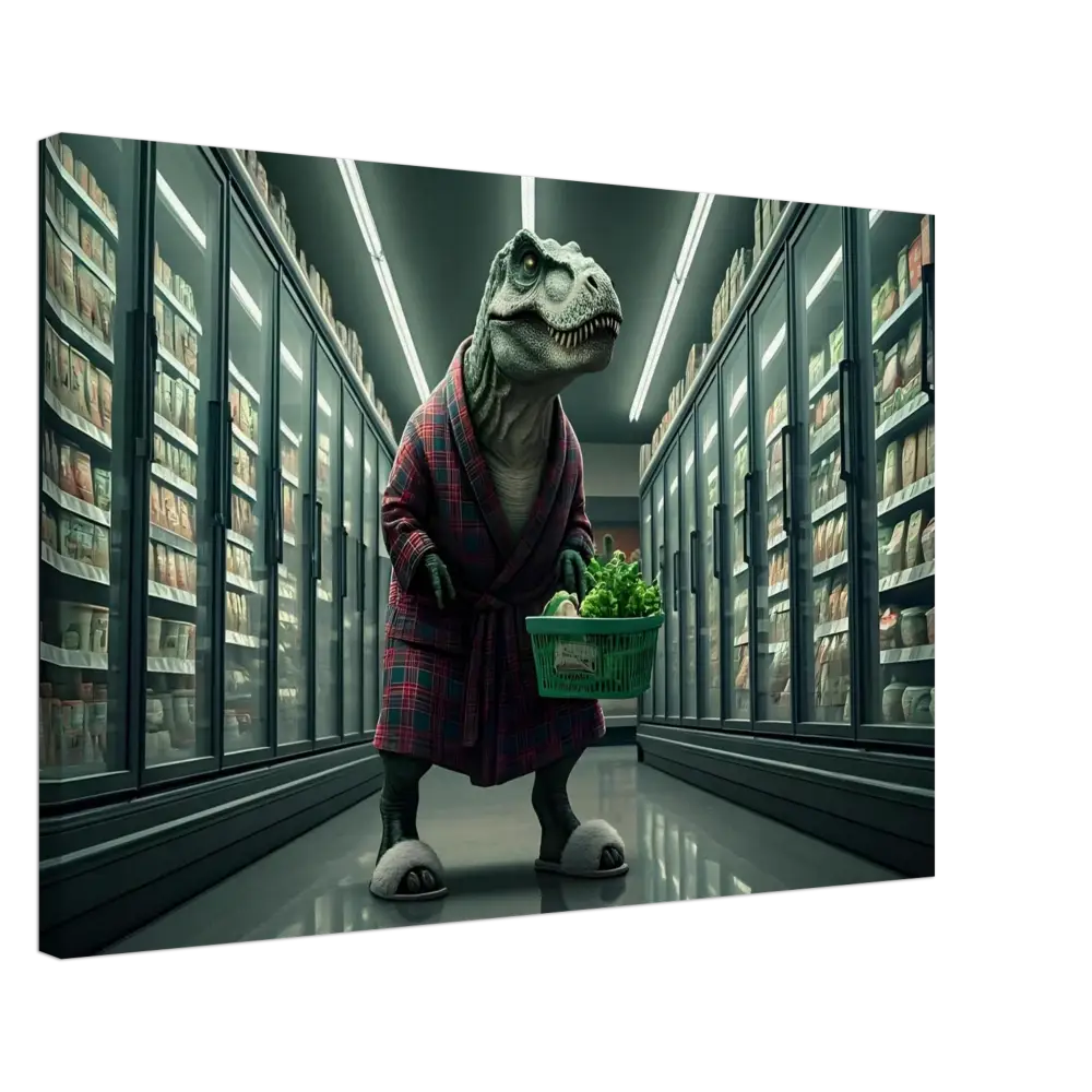 Dinosaur in a robe holding a produce basket for Late-Night Grocery Rex canvas wall art