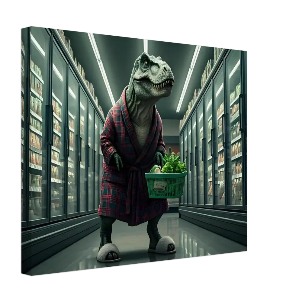 Dinosaur in robe shopping for groceries on canvas wall art titled Late-Night Grocery Rex