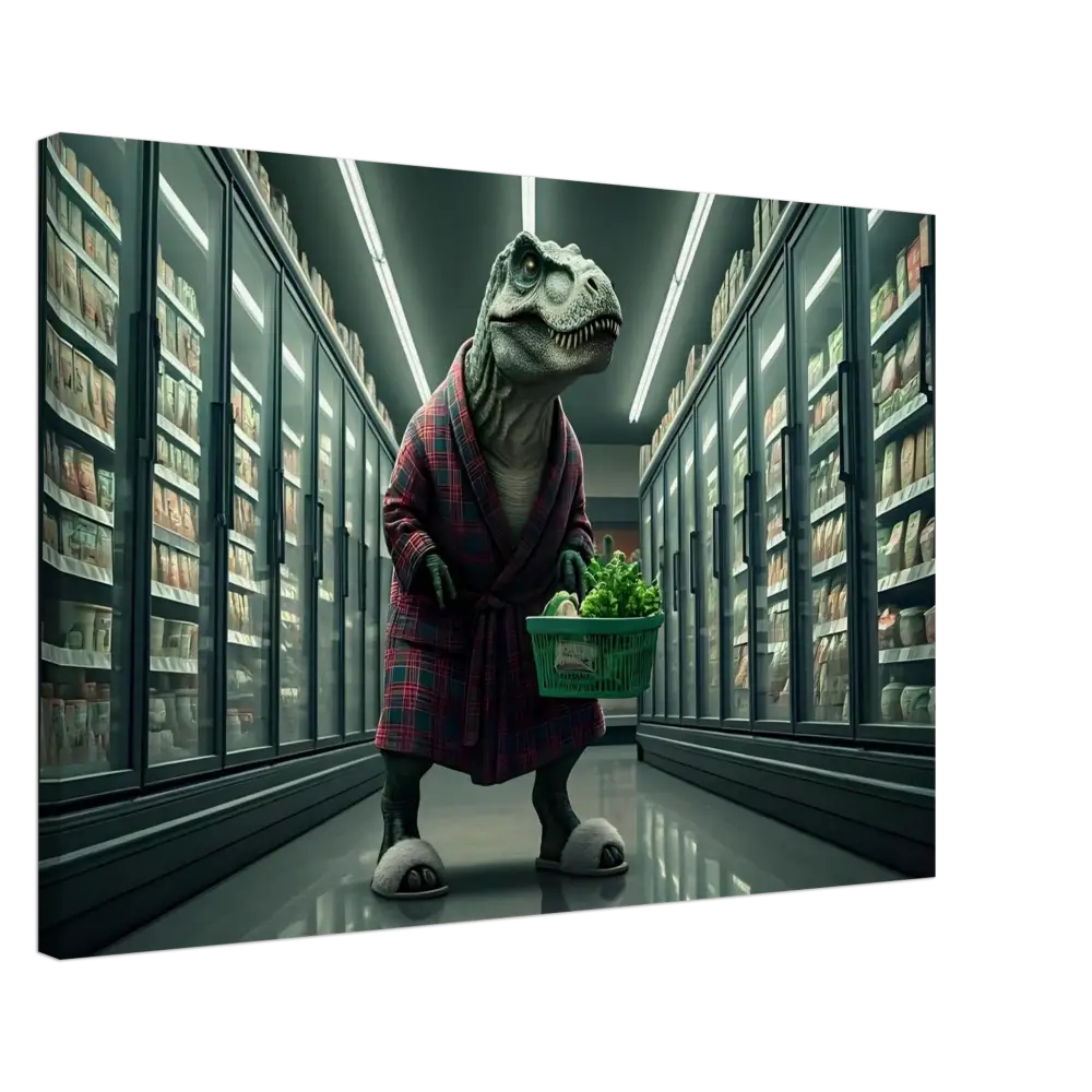 Dinosaur in robe shopping for vegetables in front of wall art at PixiOnyx Comedy Creature Print