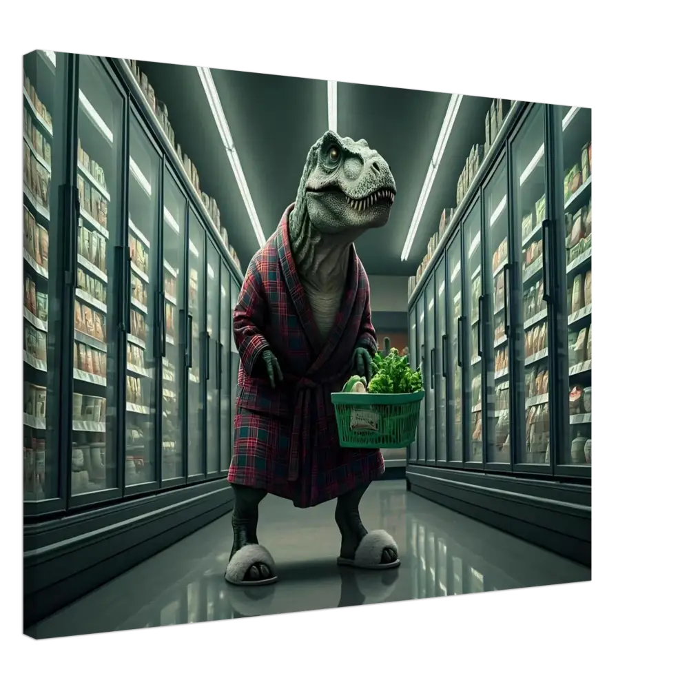 Dinosaur in Robe Shopping for Groceries as Wall Art from PixiOnyx Comedy Creature Print