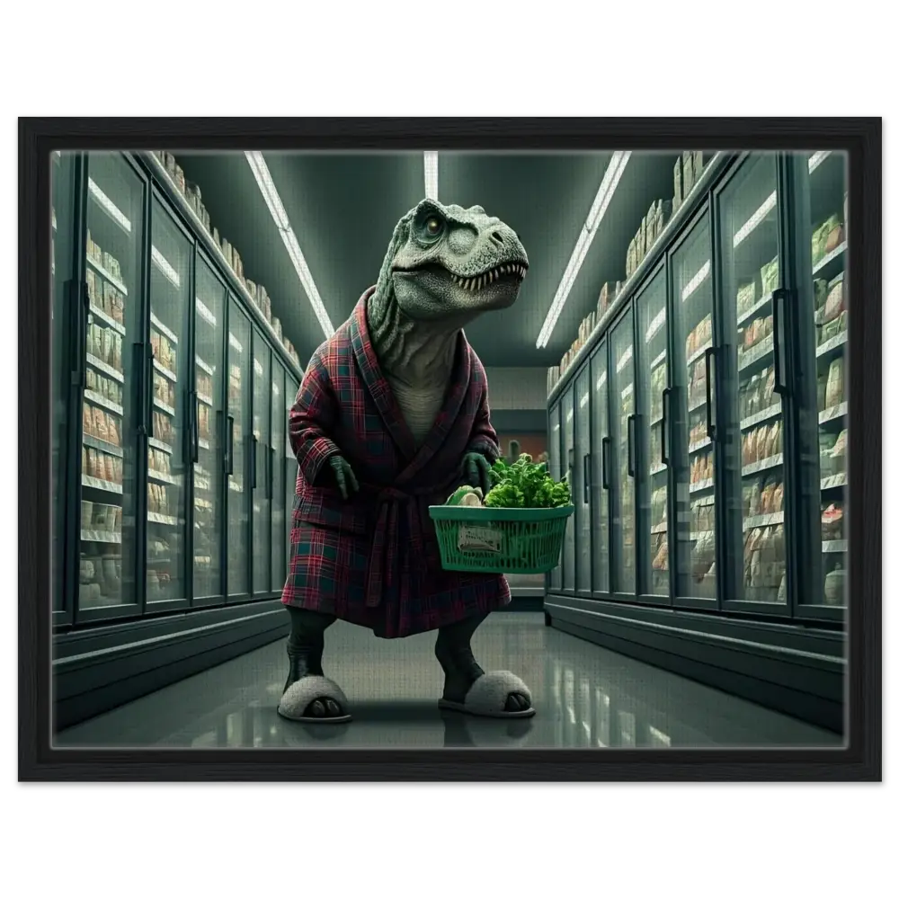 Funny Dinosaur in Robe shopping for groceries on a framed Canvas Wall Art