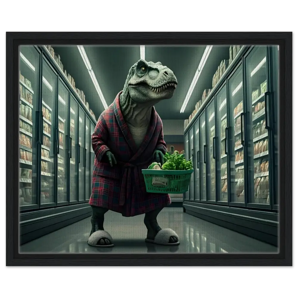 Dinosaur in robe shopping for groceries on a night with the Late-Night Grocery Rex canvas art