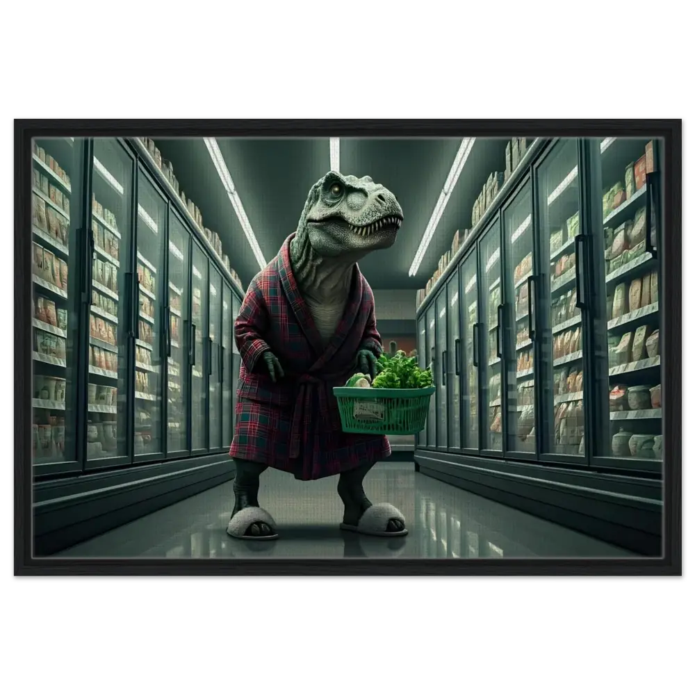 Dinosaur wearing a robe carrying groceries, wall art for fun and quirky home decor