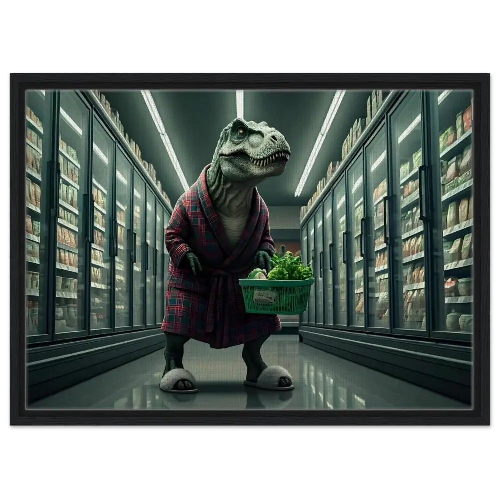 Dinosaur in robe carrying groceries wall art for quirky home decor
