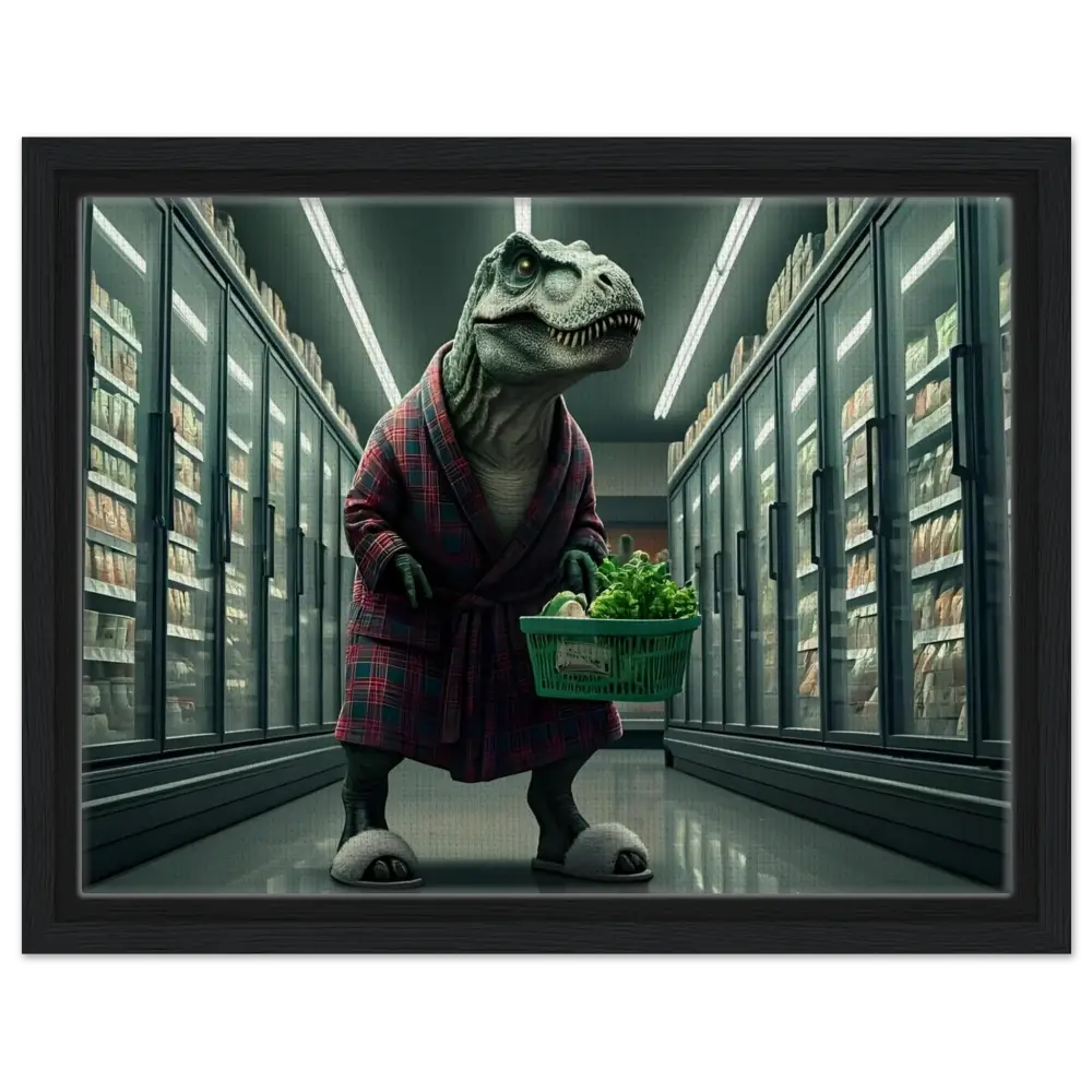 Dinosaur in robe shopping for groceries on wall art framed canvas titled Late-Night Grocery Rex