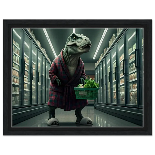 Dinosaur in robe shopping for groceries on wall art framed canvas titled Late-Night Grocery Rex