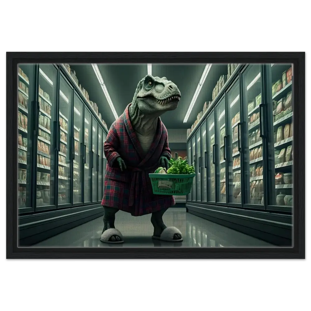 Dinosaur in robe shopping for groceries on a Late-Night Grocery Rex Canvas Wall Art
