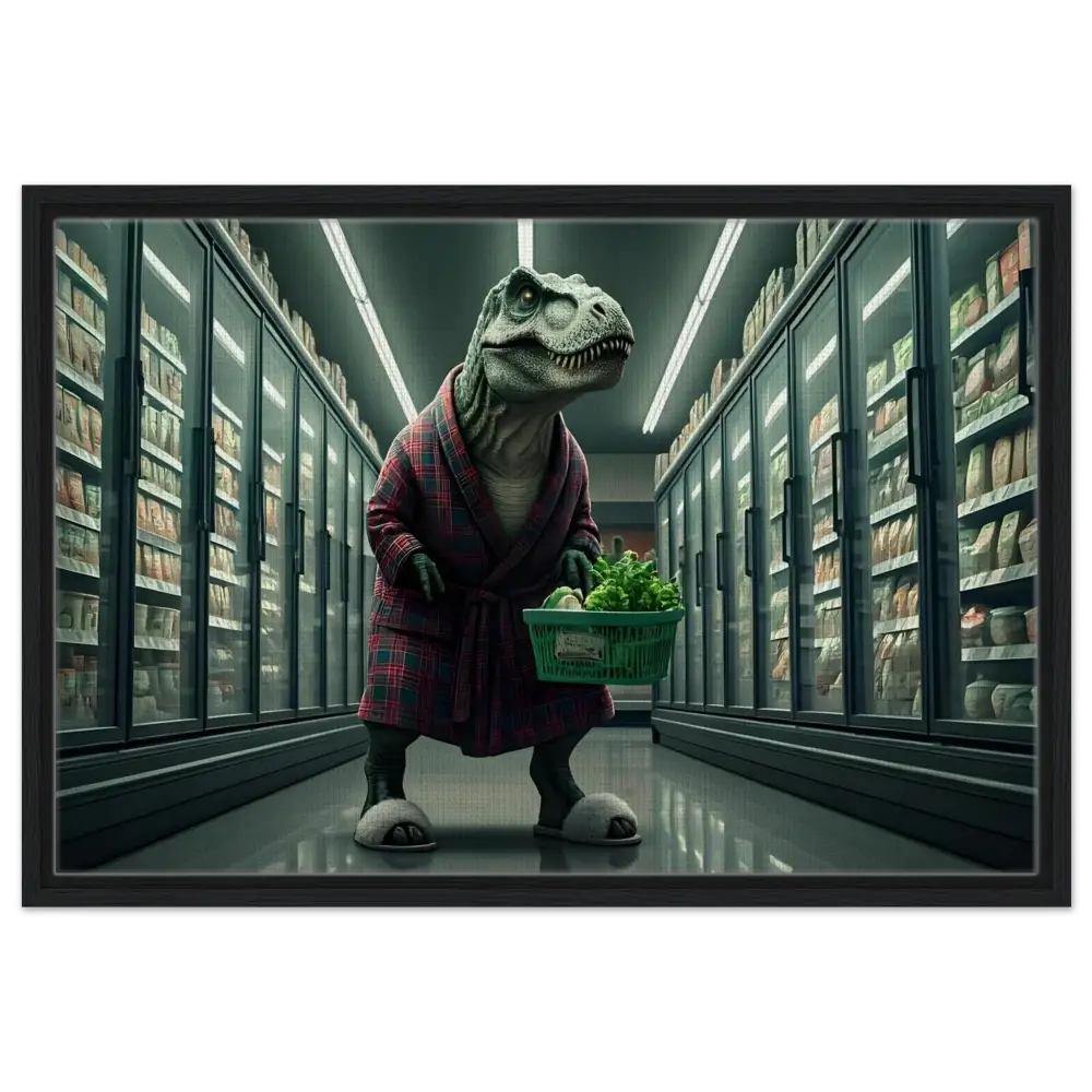 Dinosaur wearing a robe shopping for groceries in a humorous wall art canvas