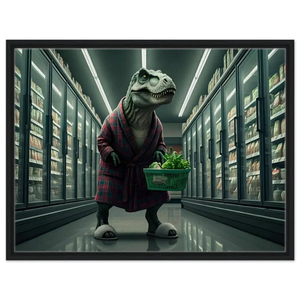 Dinosaur in robe shopping at late-night grocery store framed canvas wall art