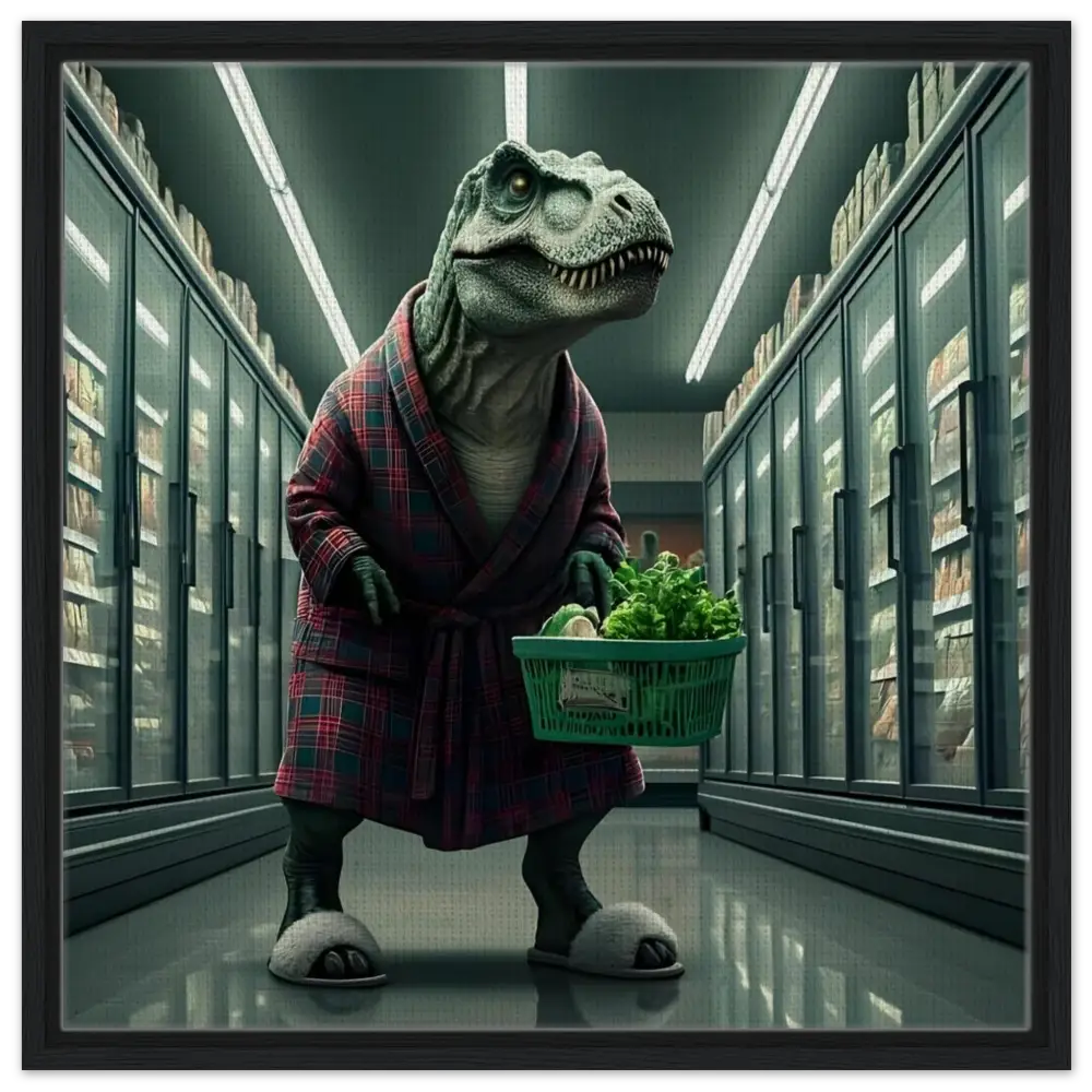 Dinosaur in robe shopping for groceries on the Late-Night Grocery Rex Framed Canvas