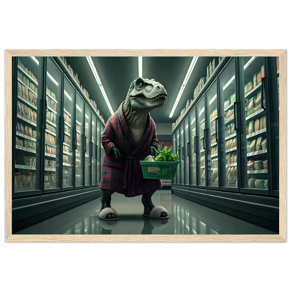 Framed grocery-shopping dinosaur wall art for Late-Night Grocery Rex poster print