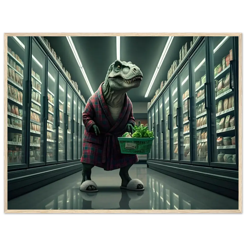 Dinosaur in robe shopping for groceries displayed on Late-Night Grocery Rex poster
