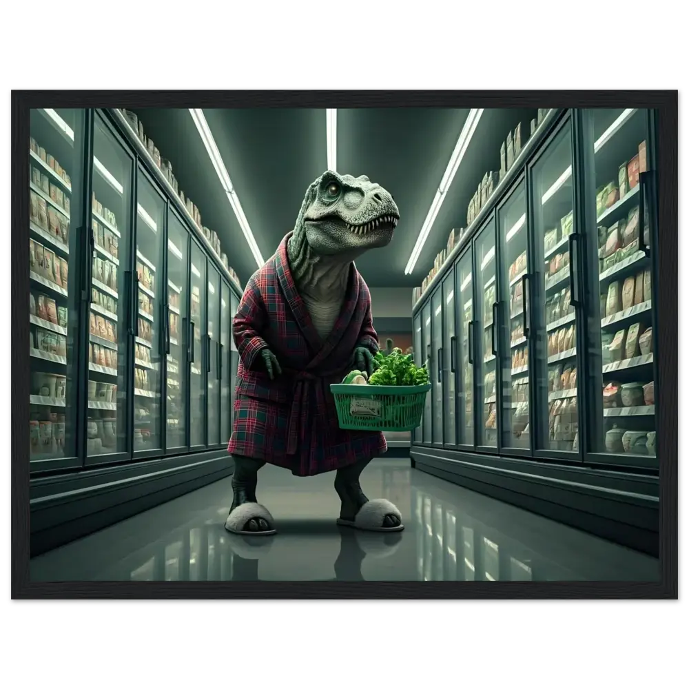 Dinosaur wearing a robe shopping for groceries in a whimsical wall art print