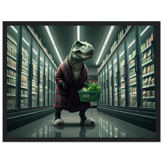 Dinosaur wearing a robe shopping for groceries in a whimsical wall art print