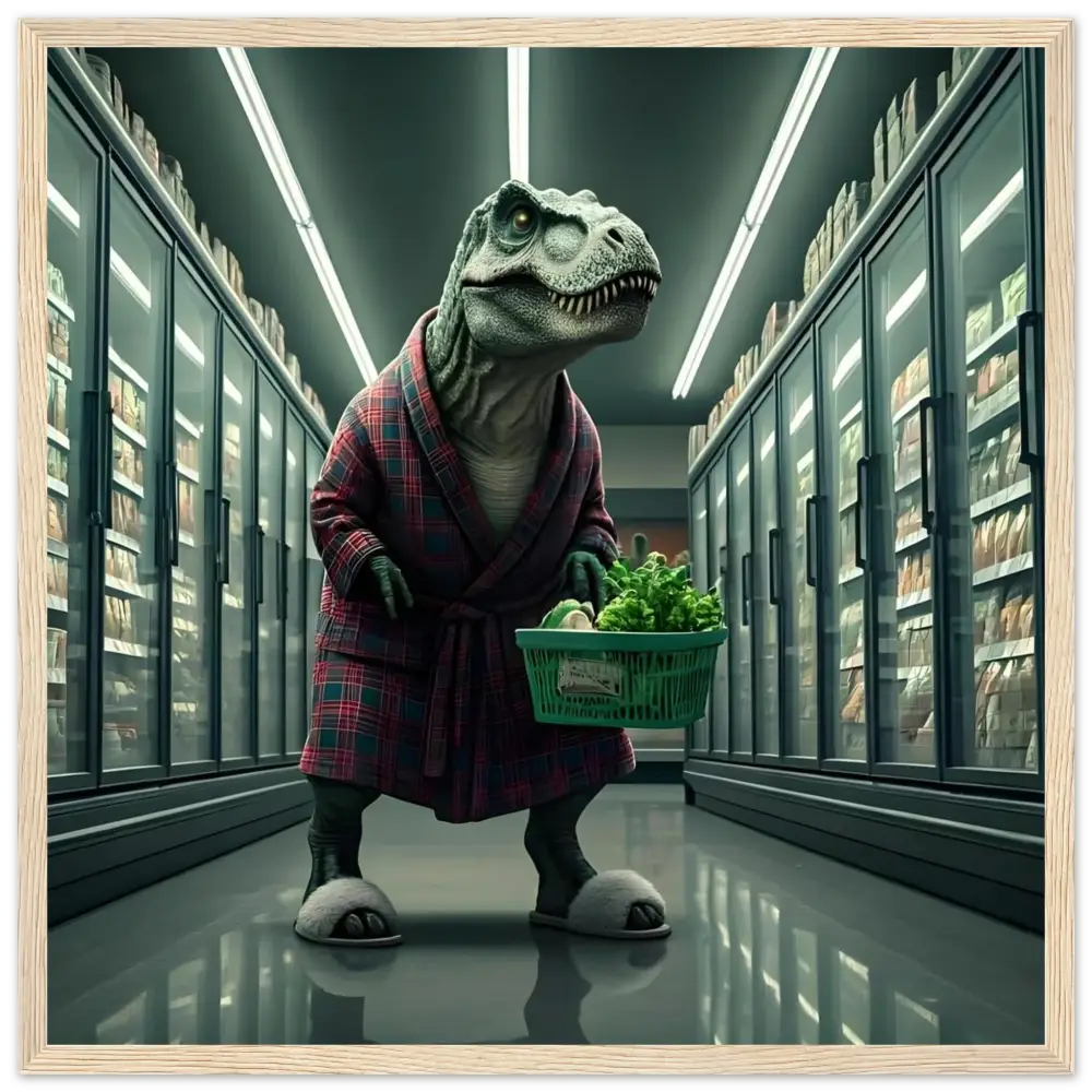 Dinosaur in robe shopping illustrated for Late-Night Grocery Rex framed poster print