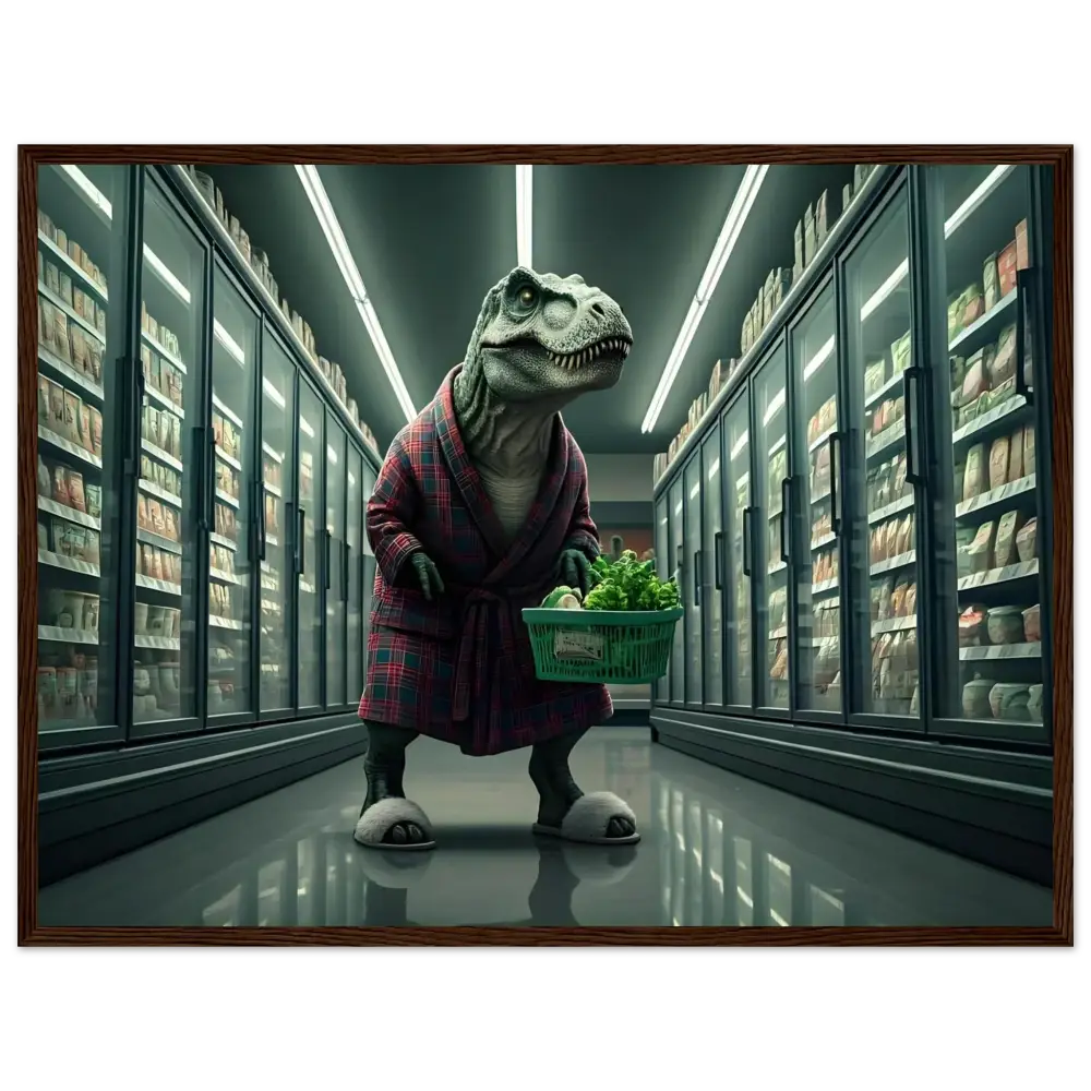 Dinosaur in robe holding groceries in front of a house Decorative Wall Art Print