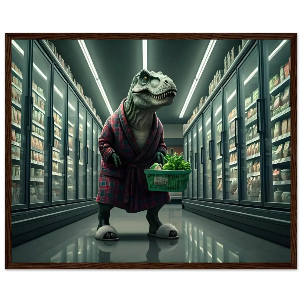 Dinosaur in robe shopping at night for the Late-Night Grocery Rex framed poster print