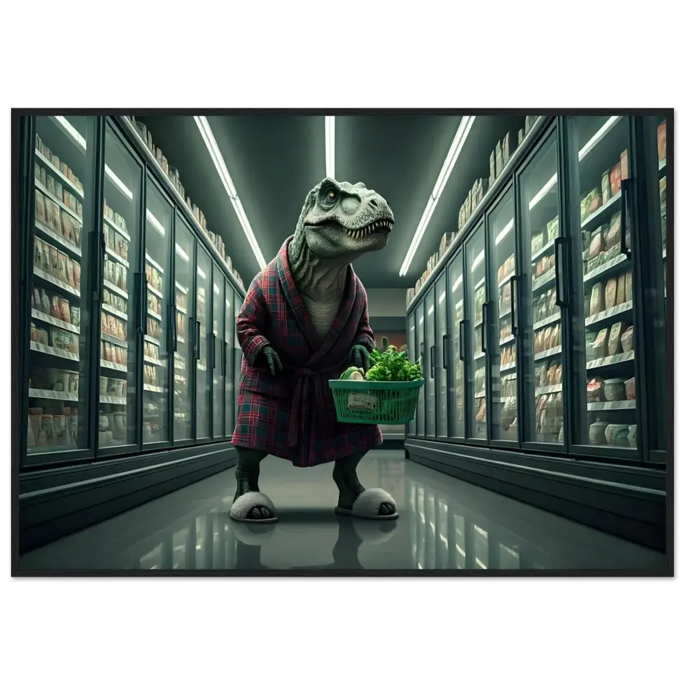 Dinosaur wearing a robe carrying groceries in a humorous framed poster print