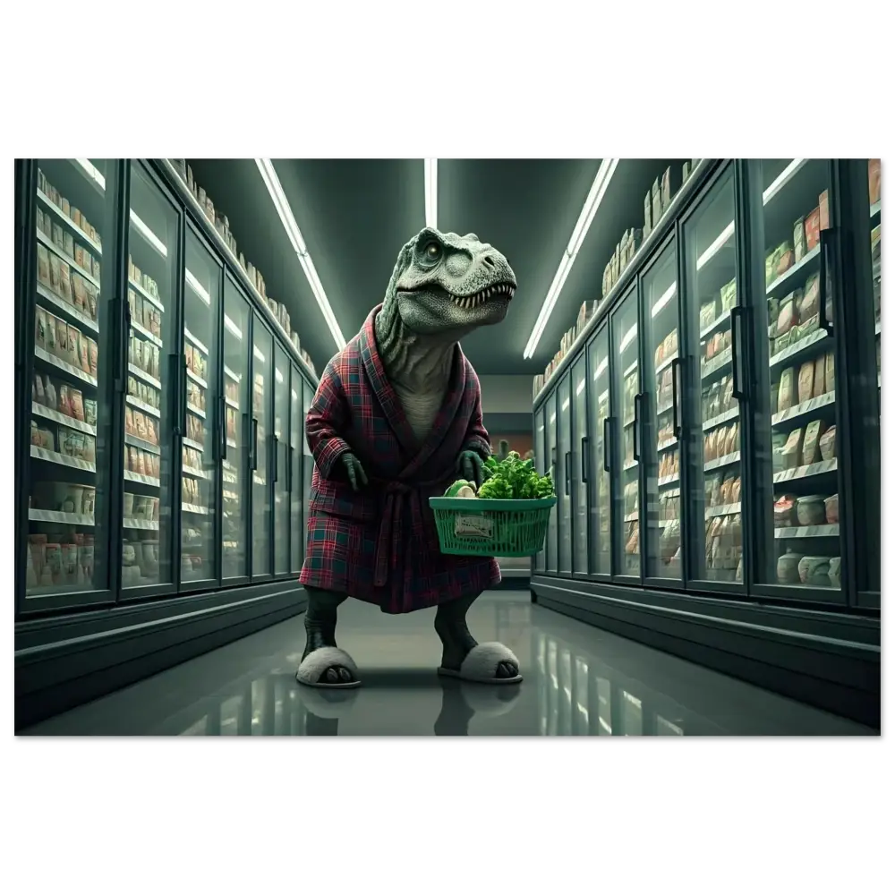 Dinosaur in robe shopping for groceries, depicted in a pixiOnyx wall art framed poster