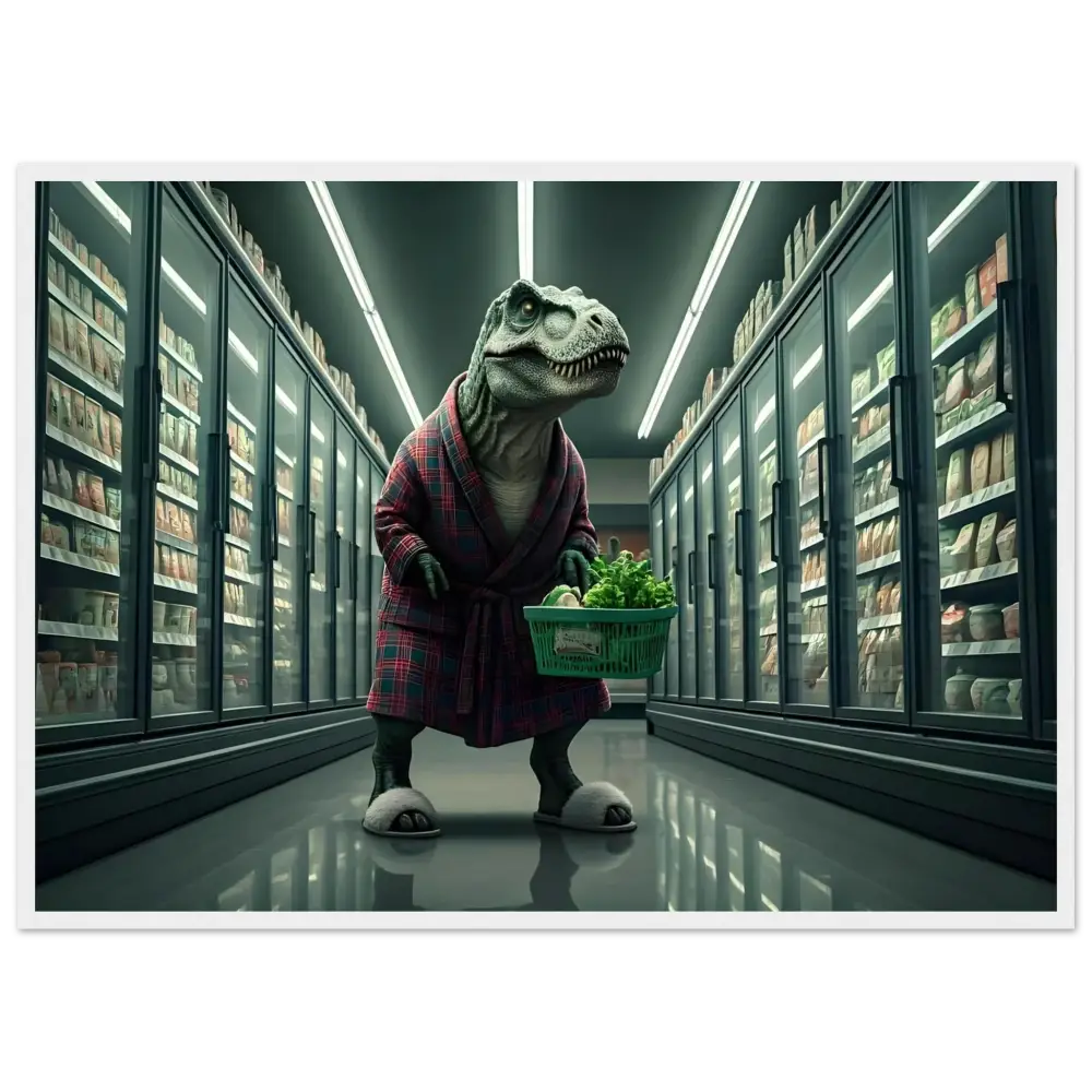 Dinosaur in robe holding groceries, wall art poster for Late-Night Grocery Rex