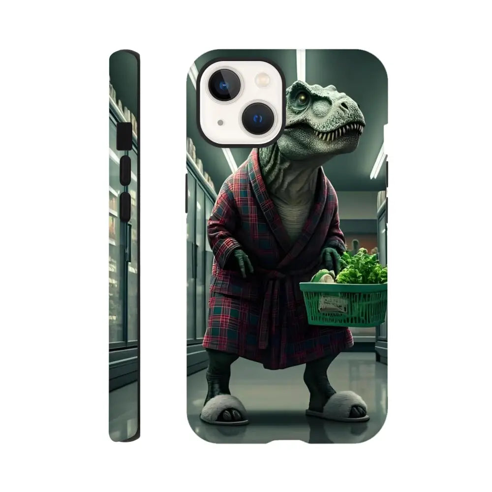 Phone case featuring a Dinosaur in a robe for the Late-Night Grocery Rex iPhone Tough Case