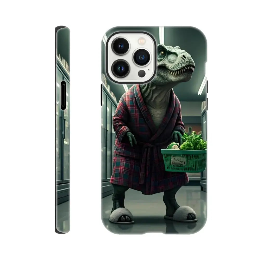 Dinosaur in robe phone case from Late-Night Grocery Rex iPhone Tough Case PixiOnyx