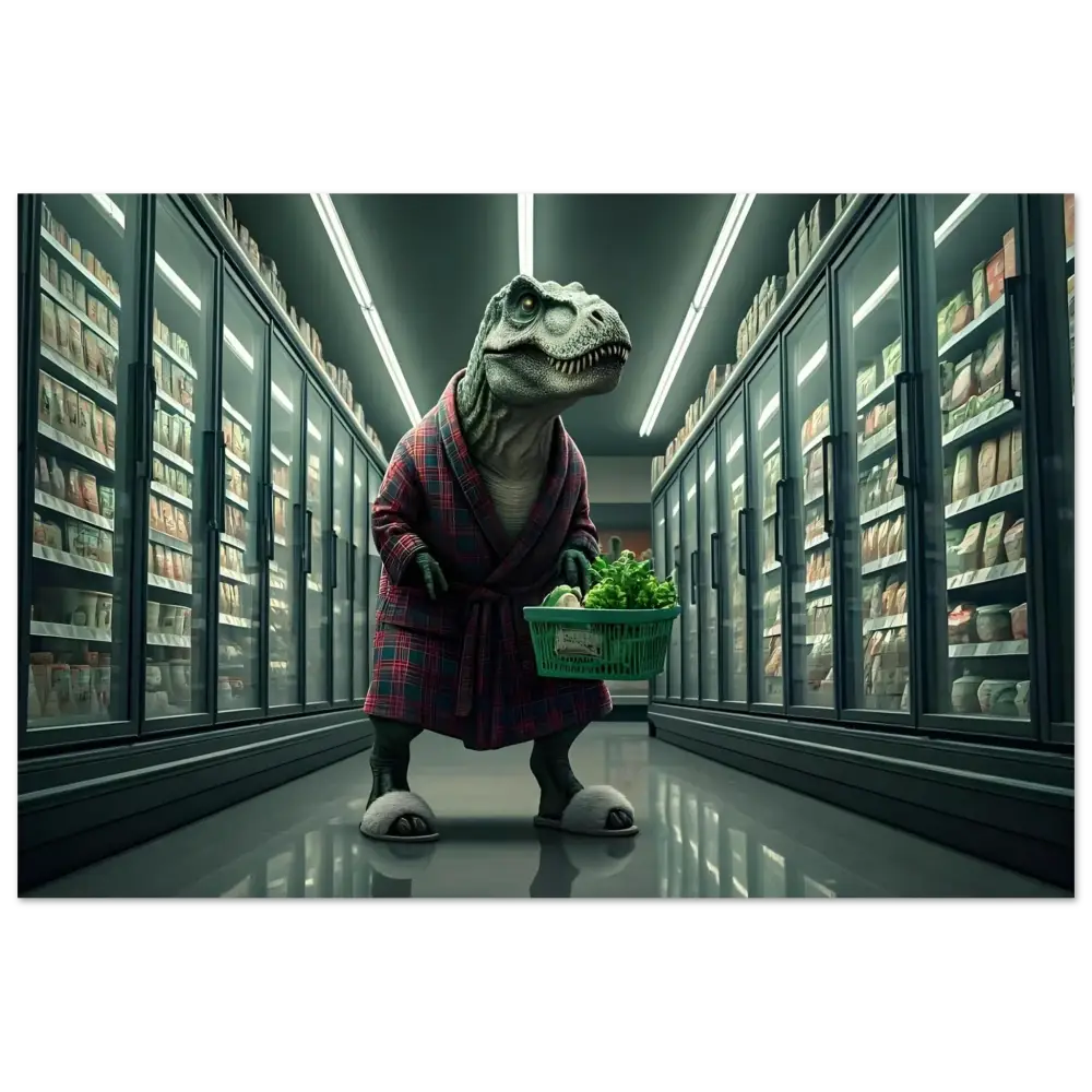 Dinosaur in a robe shopping at a grocery store for the Late-Night Grocery Rex Poster