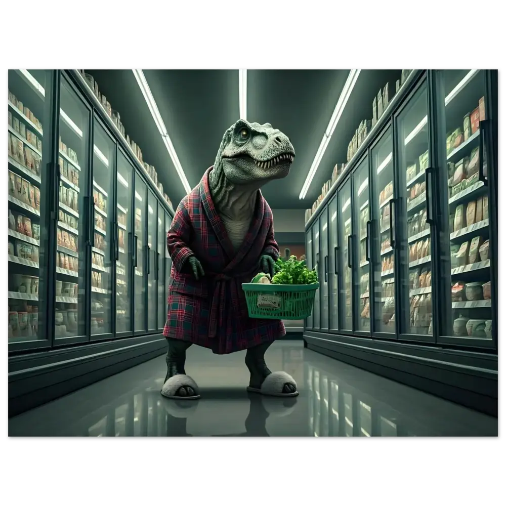 Dinosaur in robe shopping displayed on a wall art poster titled Late-Night Grocery Rex