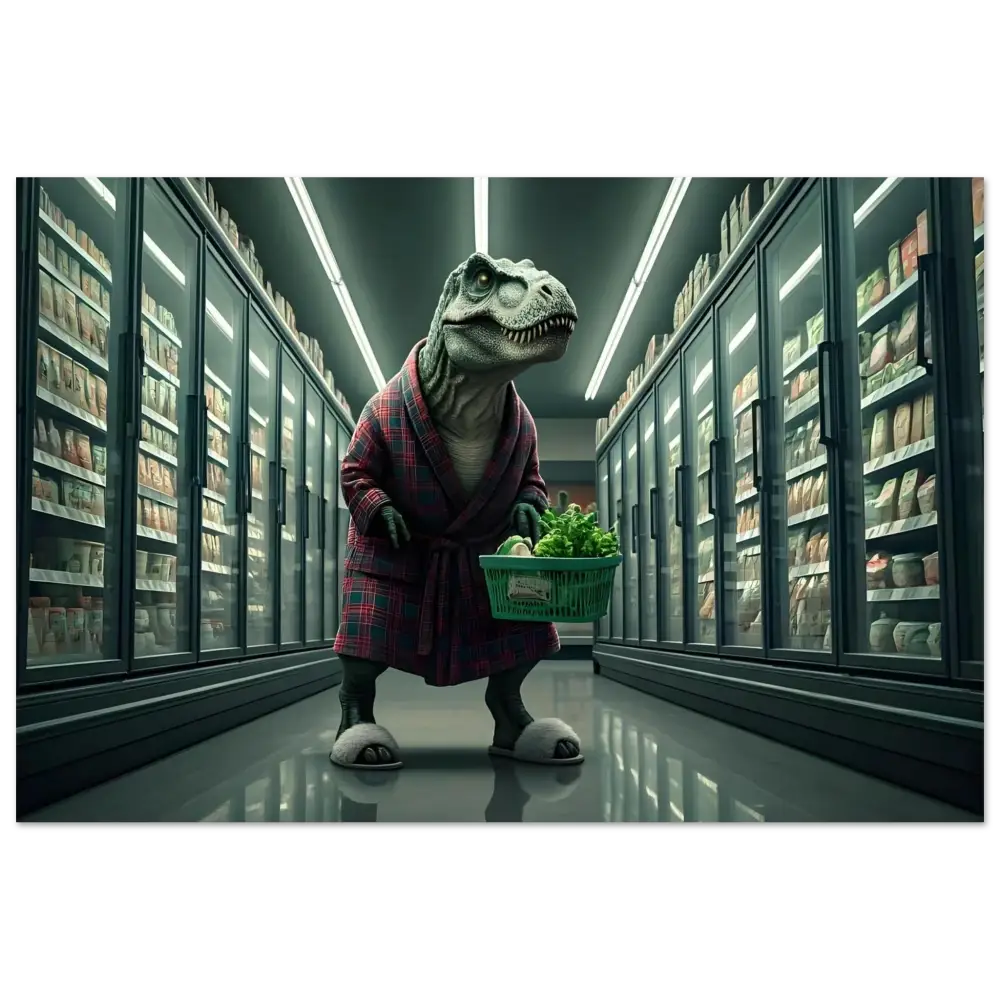 Dinosaur in robe shopping for greens, artwork for Late-Night Grocery Rex Poster