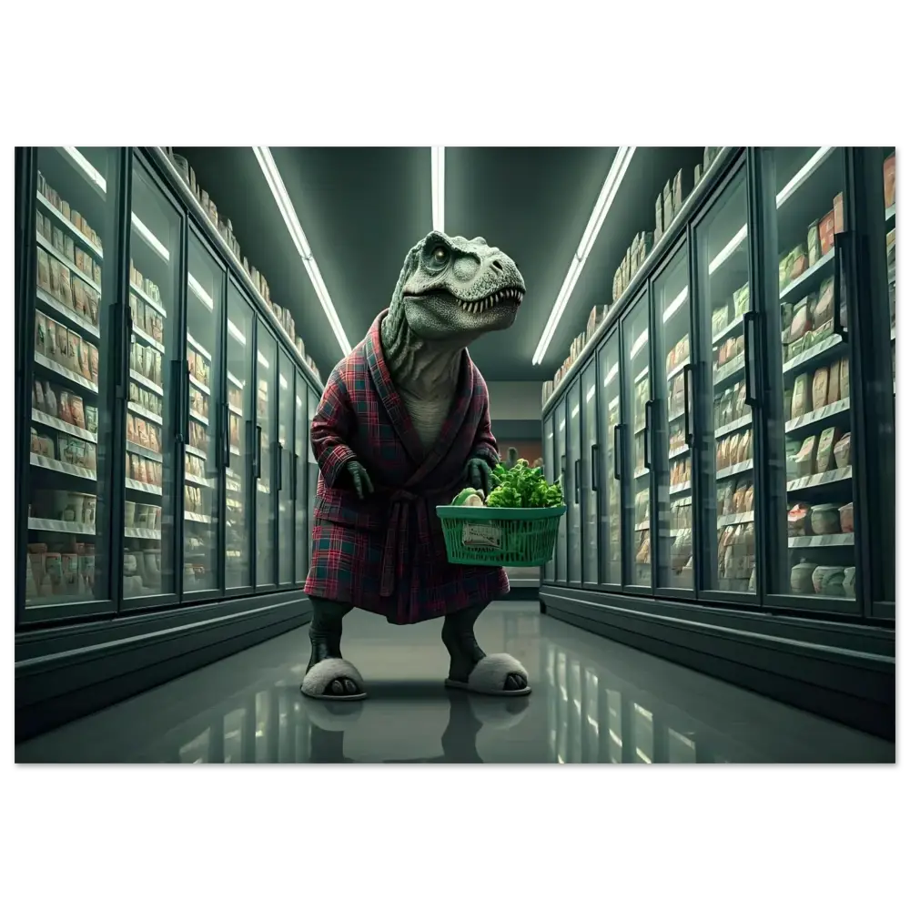 Dinosaur in a robe holding a grocery basket for the Late-Night Grocery Rex Wall Art Print