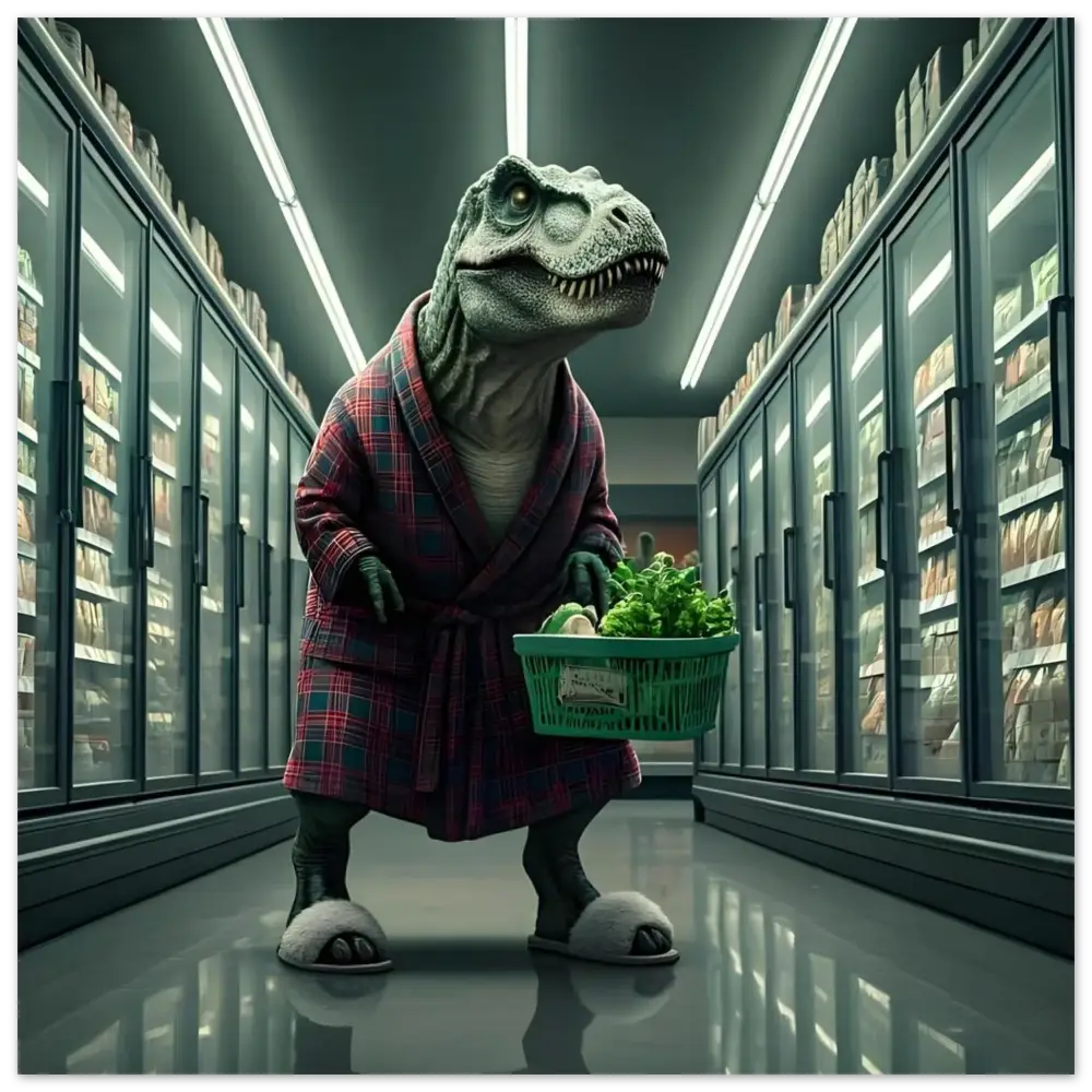 Dinosaur in a robe holding a produce basket displayed on PixiOnyx Loungecore Wall Art