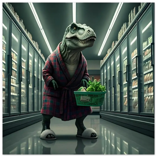 Dinosaur in a robe holding a produce basket displayed on PixiOnyx Loungecore Wall Art
