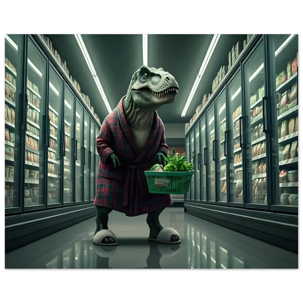 Dinosaur in a robe carrying groceries for PixiOnyx Loungecore Wall Art poster