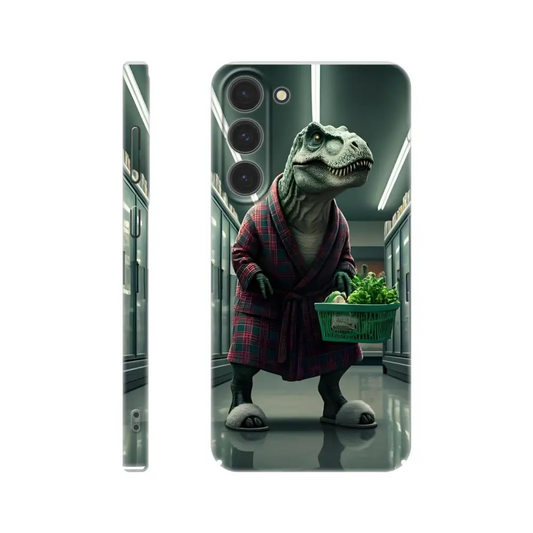 Phone case featuring a dinosaur in a robe for Samsung devices from PixiOnyx Comedy Creature Cover