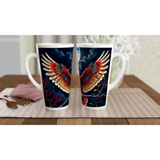 Two tall 17oz Latte Mugs with Crimson Wings Unfurled eagle wing design by PixiOnyx