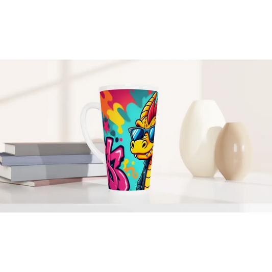 Dragon-themed latte mug featuring graffiti groove design in PixiOnyx Urban Sipper collection