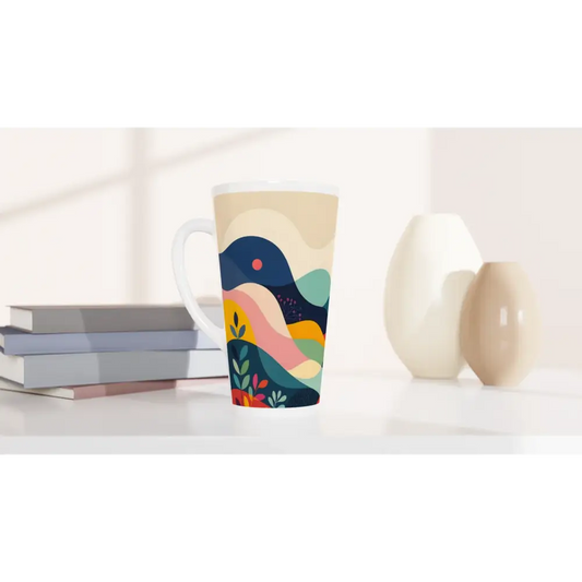 Tall latte mug with colorful abstract nature landscape design for PixiOnyx Dreamscape Latte