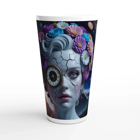 Latte Mug Fractured Time with Surreal Floral Woman Design by PixiOnyx Celestial Curveware