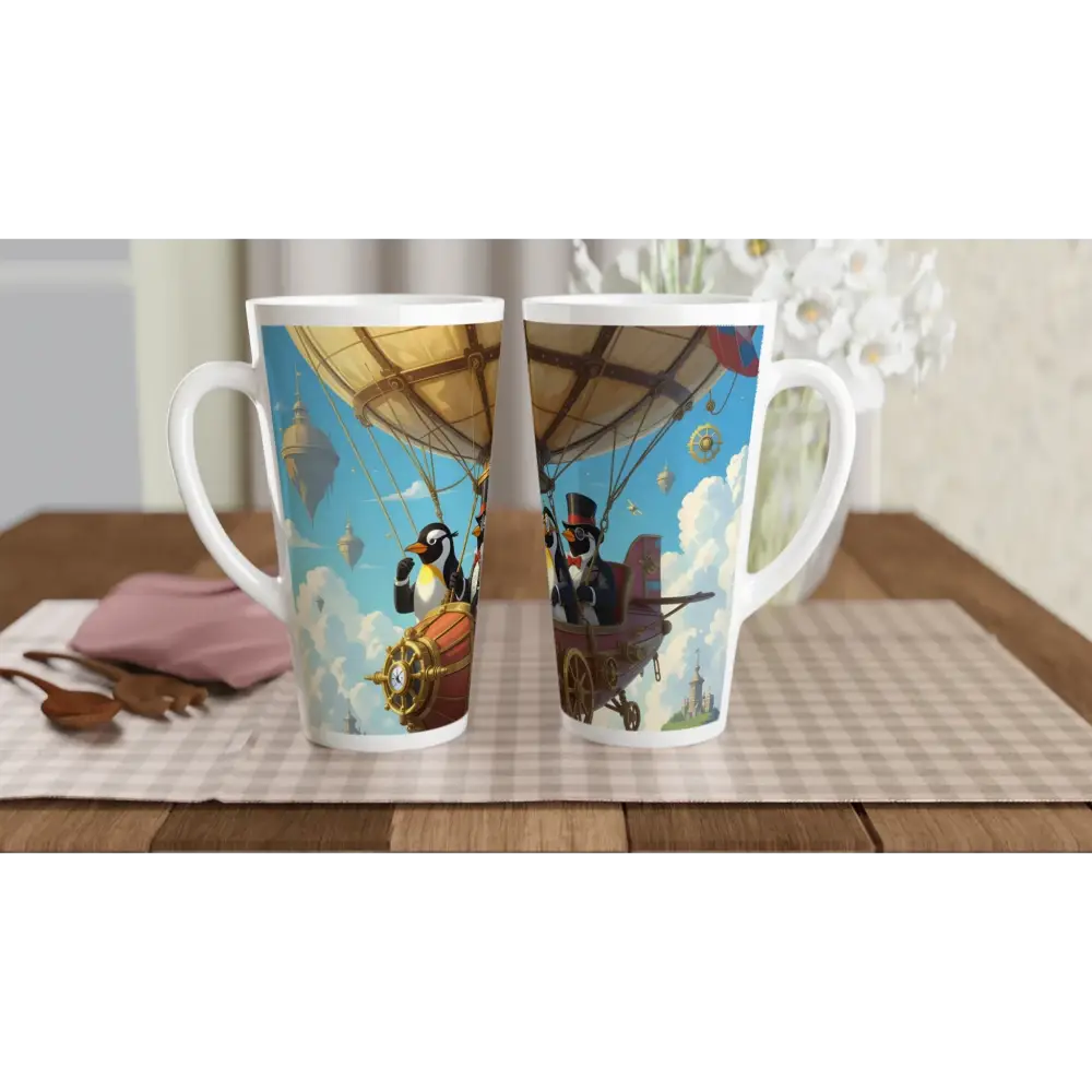 Two steampunk penguin themed latte mugs from PixiOnyx Skybound Steam Sipper collection