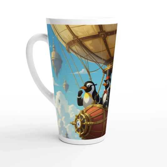 Latte mug featuring penguin airship design from PixiOnyx Skybound Steam Sipper collection