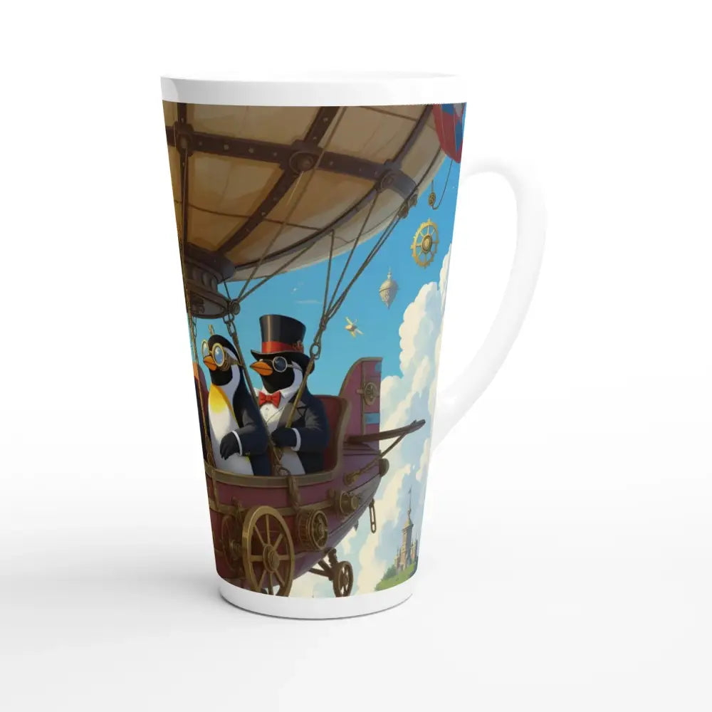 Latte mug with steampunk penguin design from PixiOnyx Skybound Steam Sipper collection