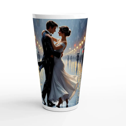 Latte mug featuring a dancing couple in the rain from PixiOnyx Urban Elegance collection