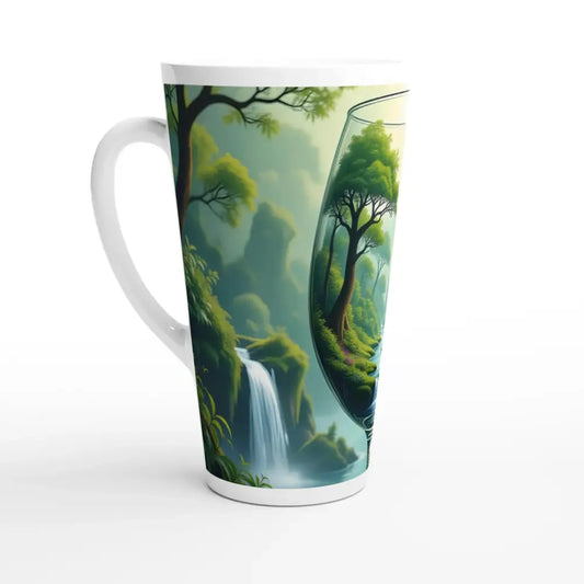 Latte mug featuring a surreal forest nature scene on PixiOnyx Natureware ceramic