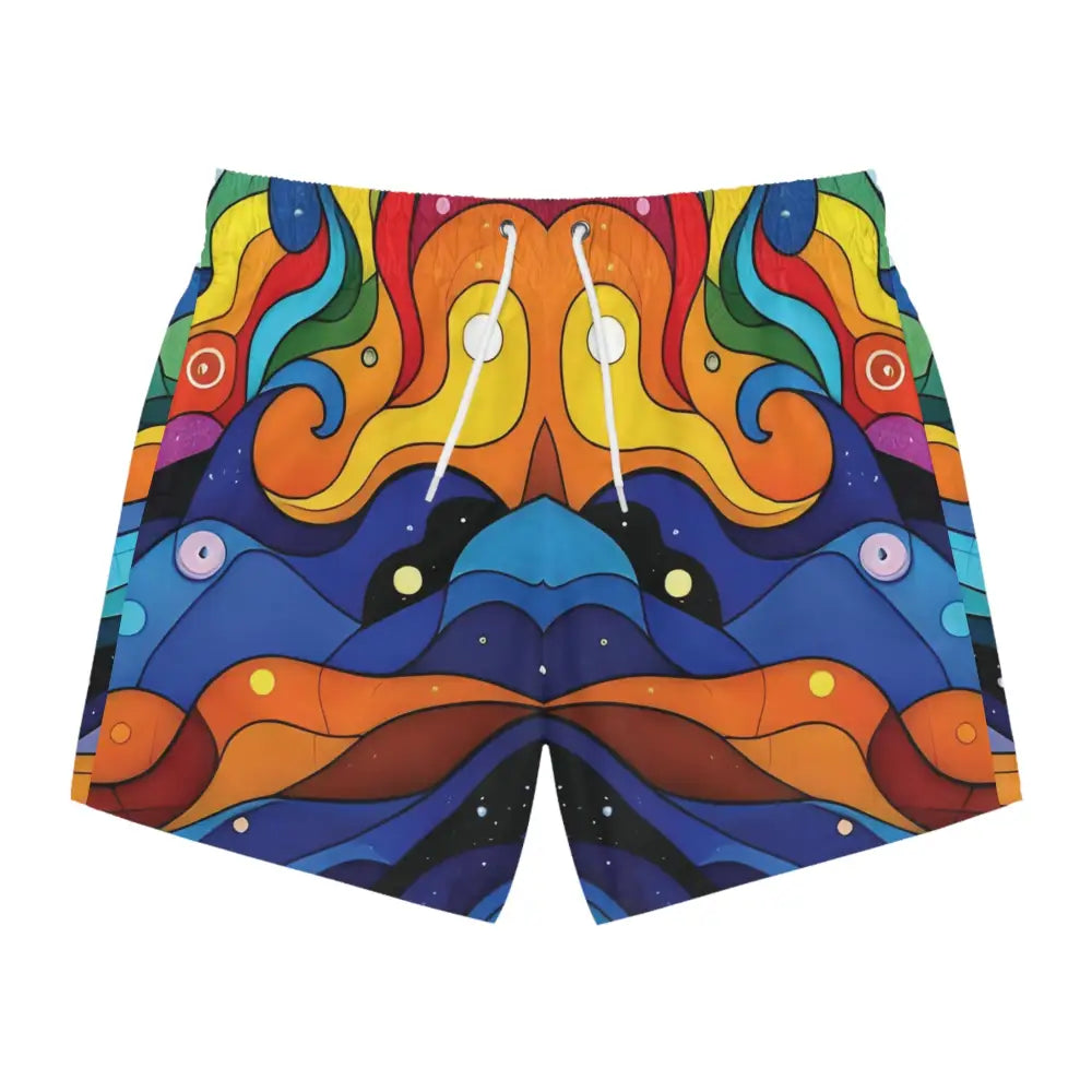 Colorful patterned Layered Spectrum Swim Trunks for men, abstract psychedelic beach shorts